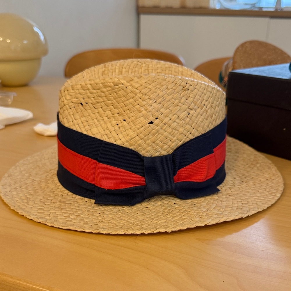 Barneys New York Straw Hat with red and navy ribbon band